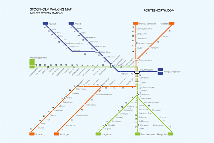 Map showing walking distances between Stockholm's subway stations