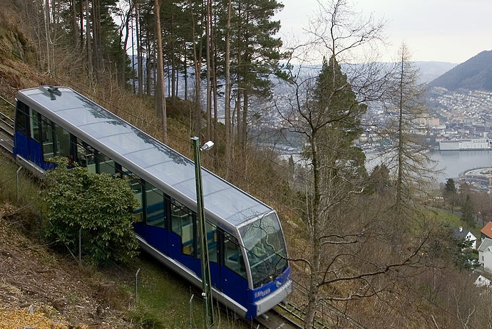 The Fløibanen funicular heads up to the top of Mt Fløyen in Bergen