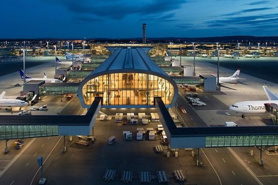 Oslo airport terminal at night