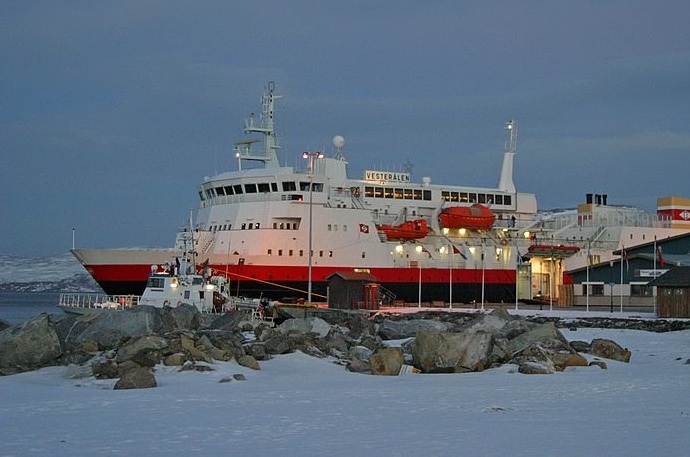 One of the Hurtigruten boats at Kirkenes port in Norway