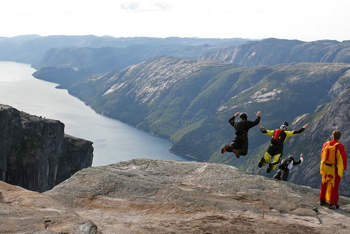 Base jumping at Kjerag, Norway 