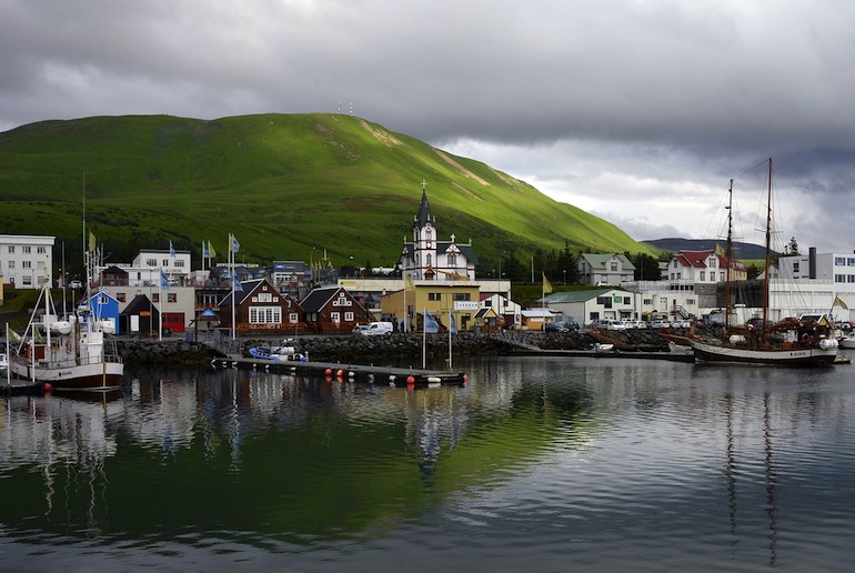 Husavik is a fishing port along the Arctic Coast Way in Iceland