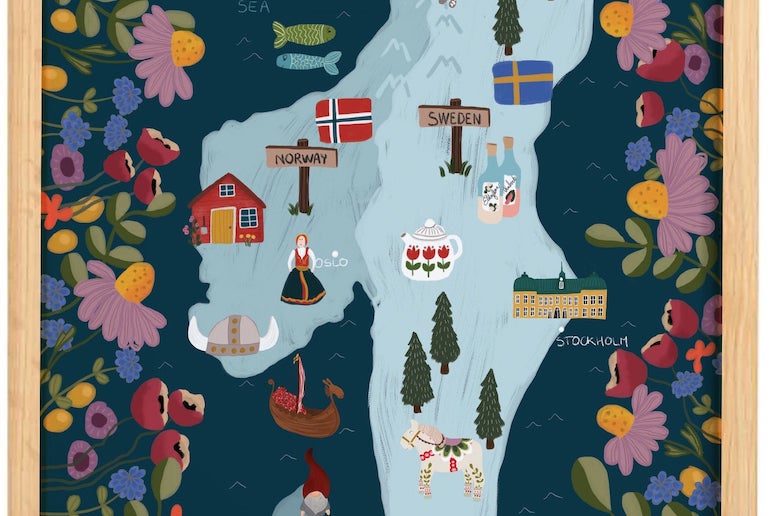 This simple Folk Art illustration is a cool map of Scandinavia