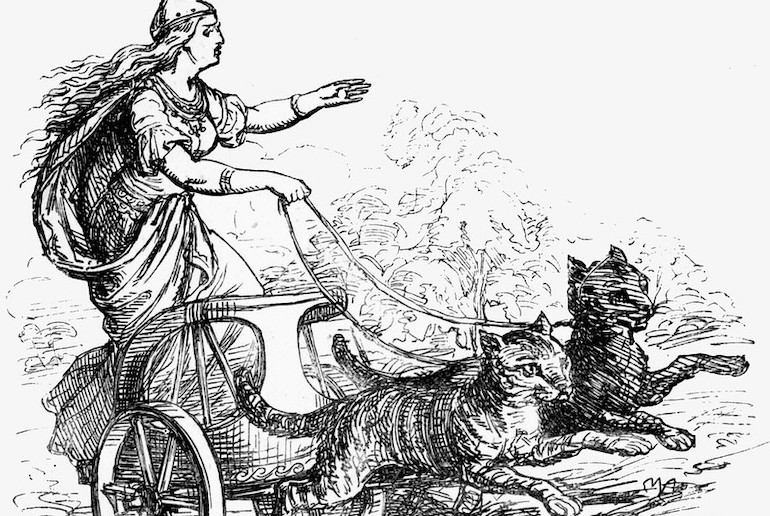 The Norse goddess Freya is depicted driving a chariot drawn by cats.