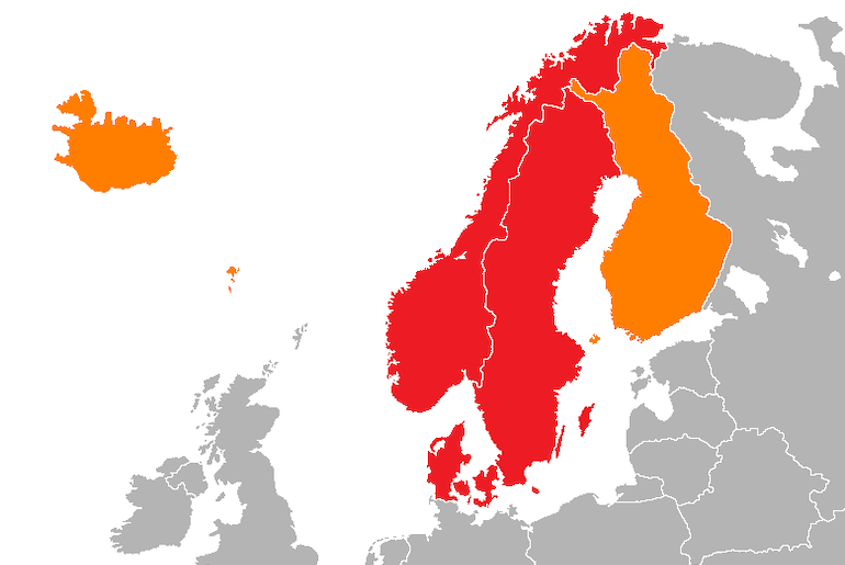 The Nordic countries include Scandinavia plus Iceland and Finland
