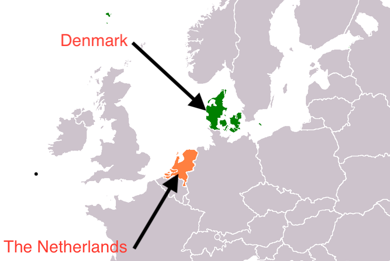 Denmark and The Netherlands are separate countries, with Germany in between.
