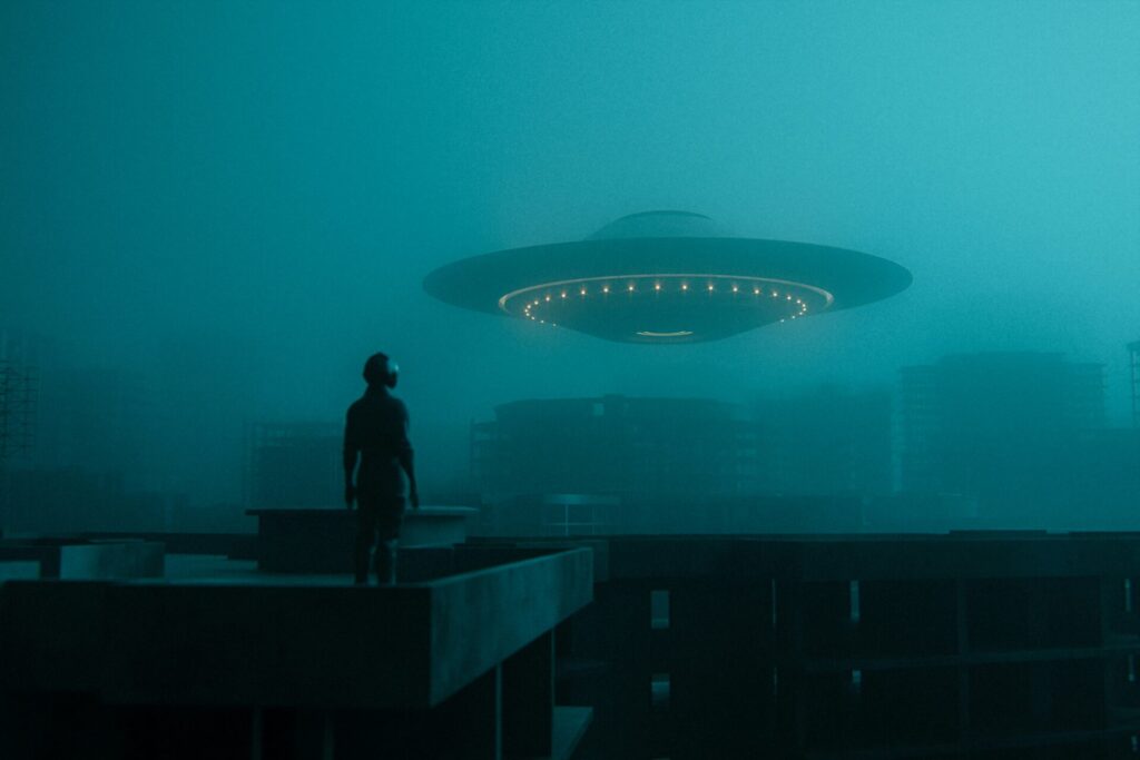 man looking at ufo in the dark