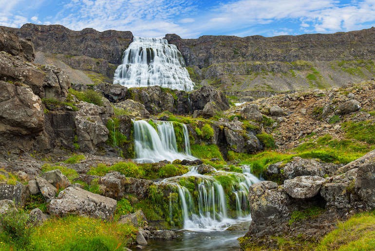 Dynjandi in Iceland consists of seven tiers of waterfalls