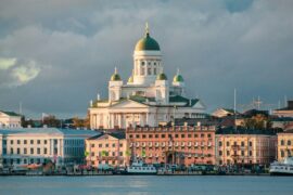 skyline of Helsinki with big white church by the water