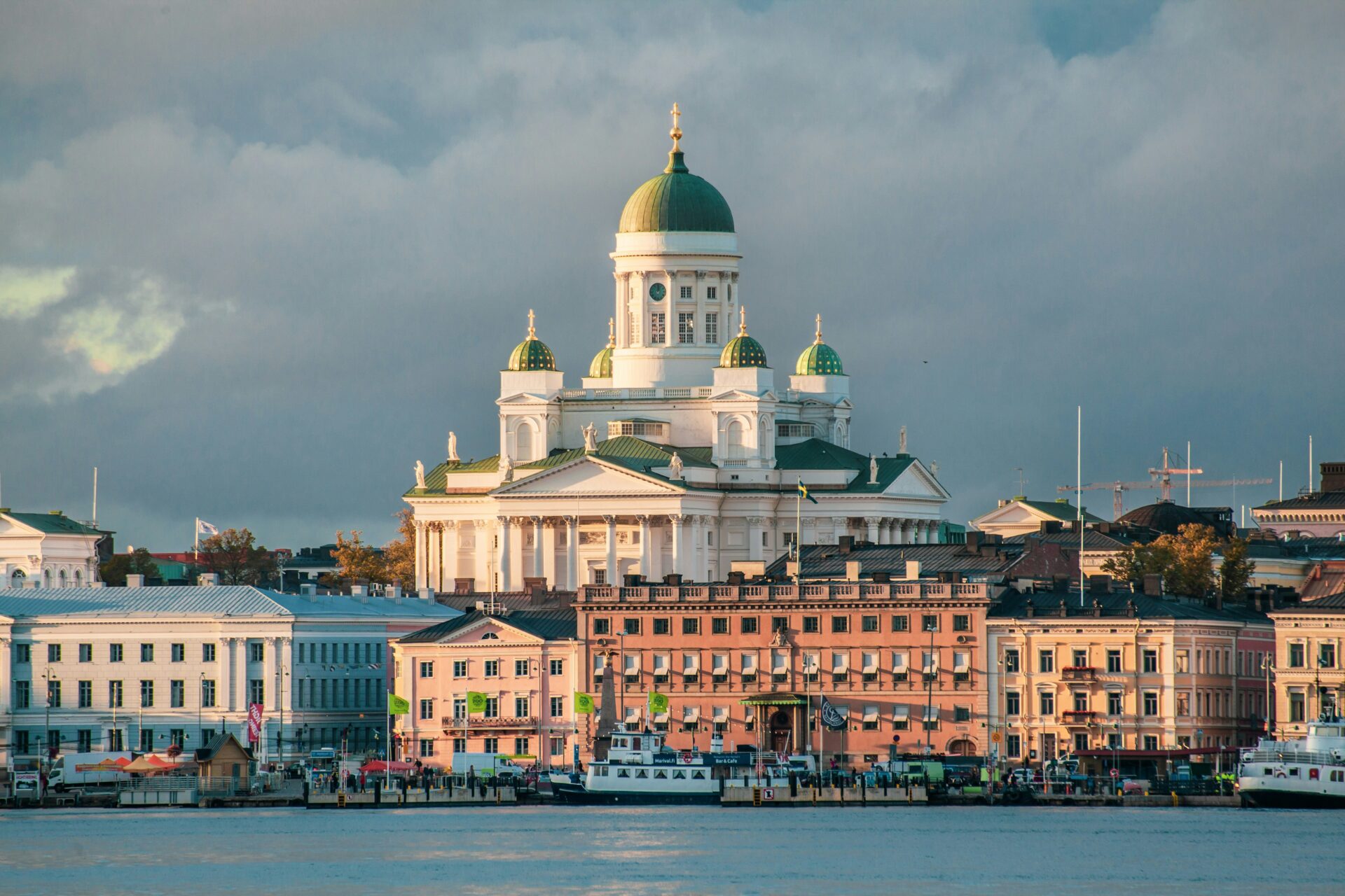 skyline of Helsinki with big white church by the water
