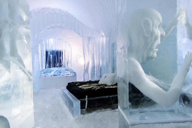 The ice rooms at the Icehotel are decorated wiht ice sculptures and art