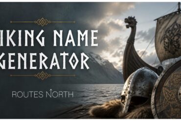 Viking Name Generator by Routes North, with ship and helmets