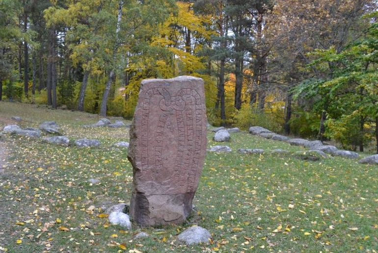 Visits a Viking rune near Stockholm
