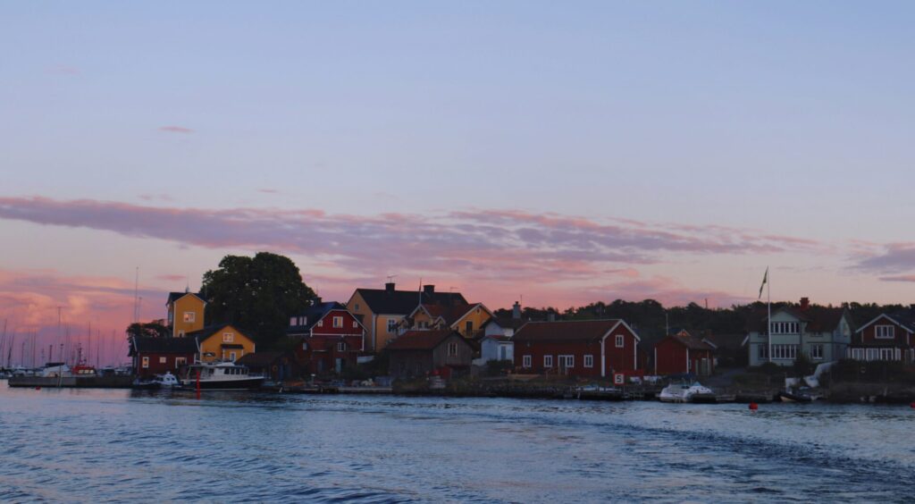 sunset over sea town