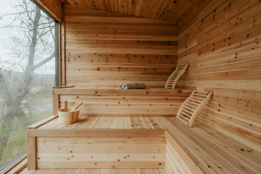 sauna with towels and a view