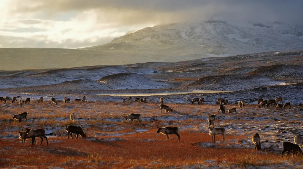 reindeer and snow on the wilderness road sweden