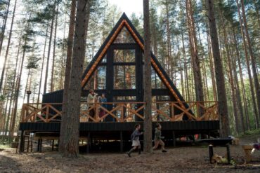 A frame cabin in the woods