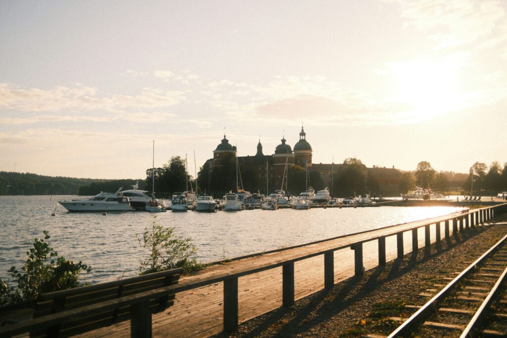 town by the sea at sunset